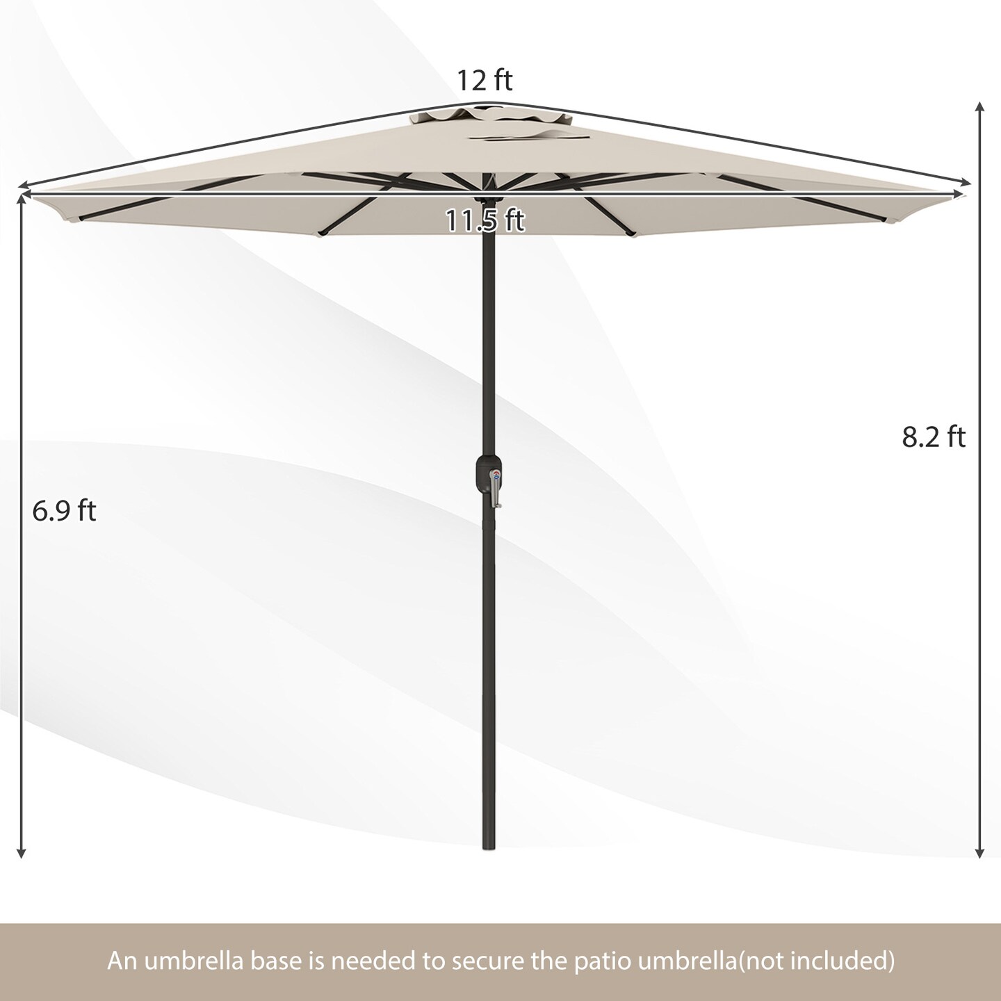 12 Feet Patio Umbrella, Fabric, Crank Handle, 8 Sturdy Ribs, Outdoor Shade for Garden & Deck