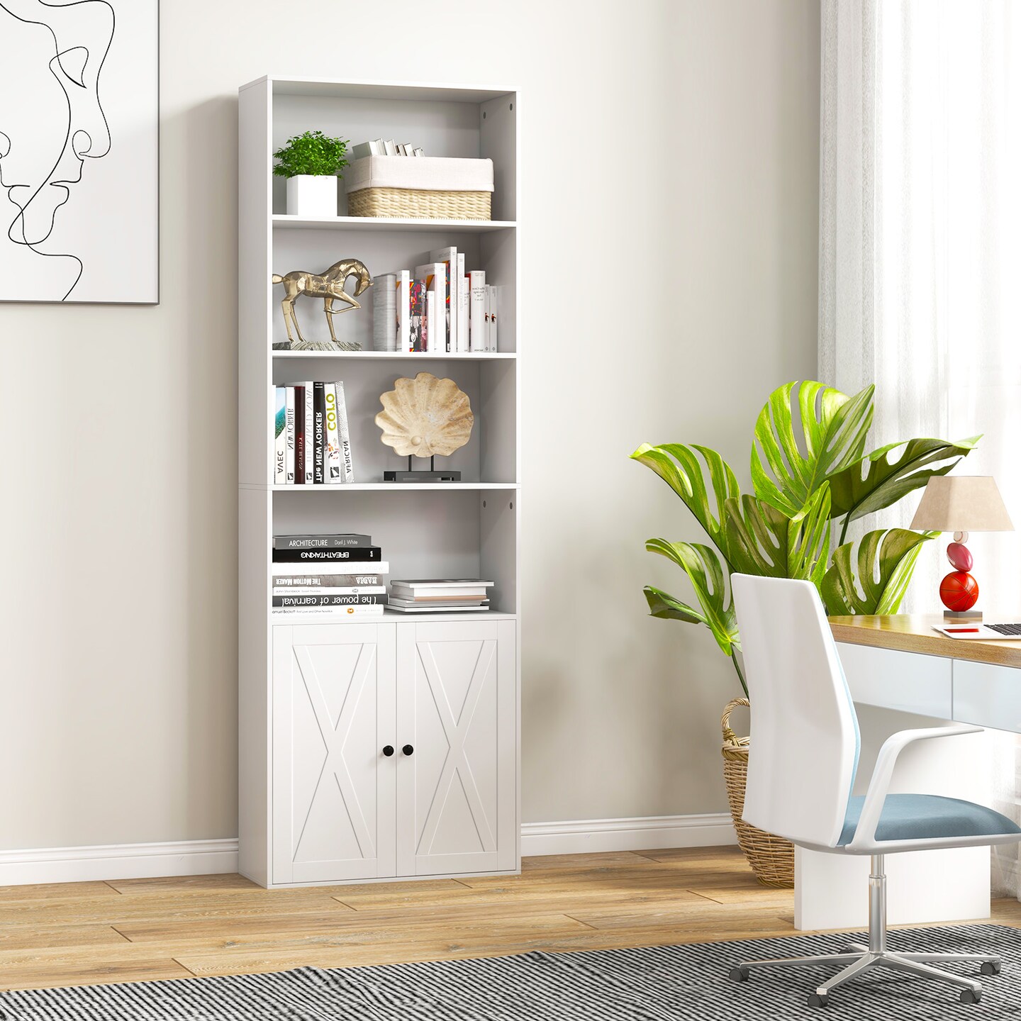 71 Inch Freestanding Bookshelf with 6 Shelves and 2-Door Cabinet