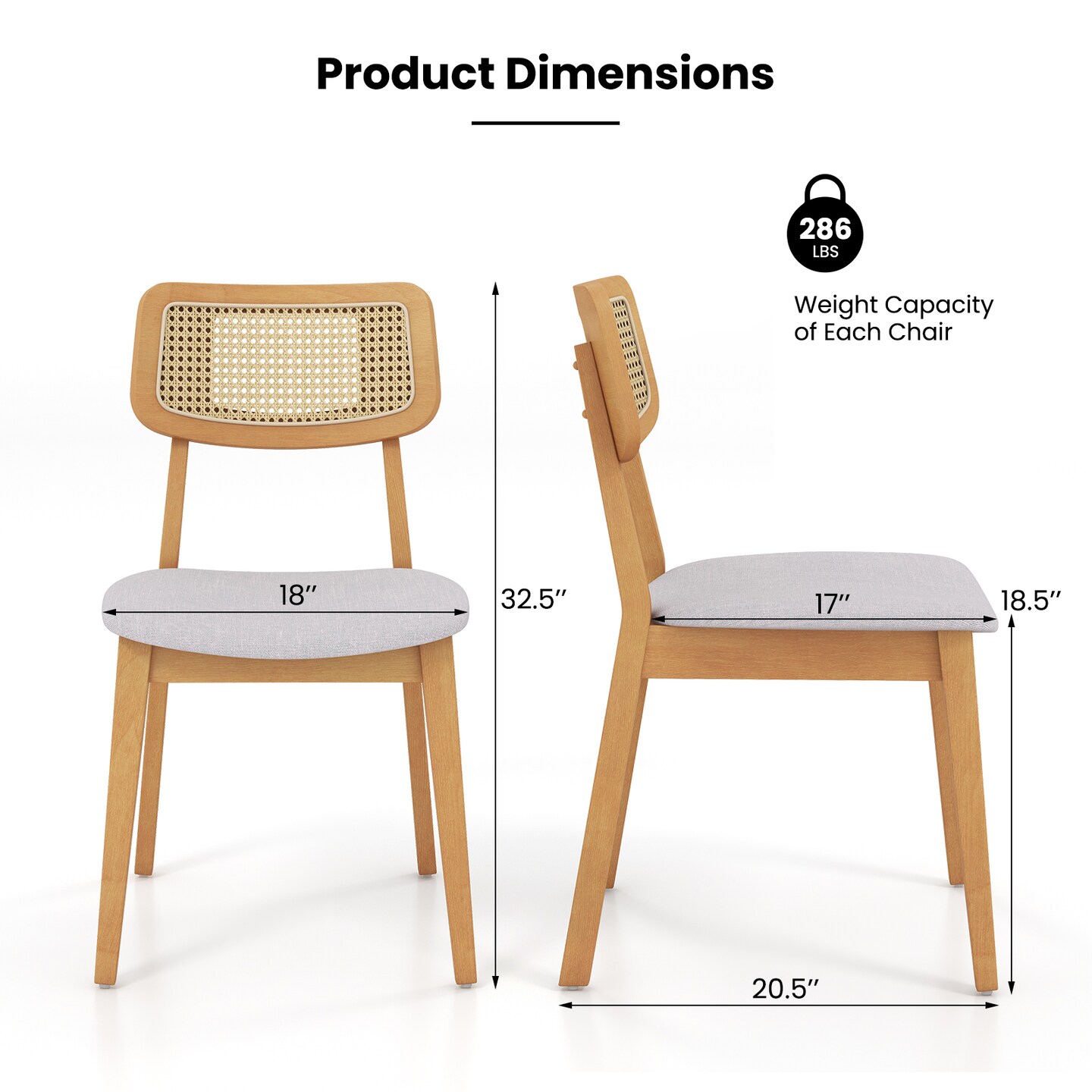 Rattan Dining Chair Set of 2 with Can Back and Rubber Wood Frame-Natural