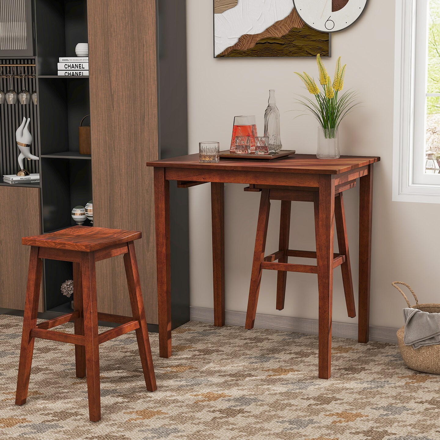 3-Piece Bar Table Set with Pub Table and 2 Saddle Stools-Brown