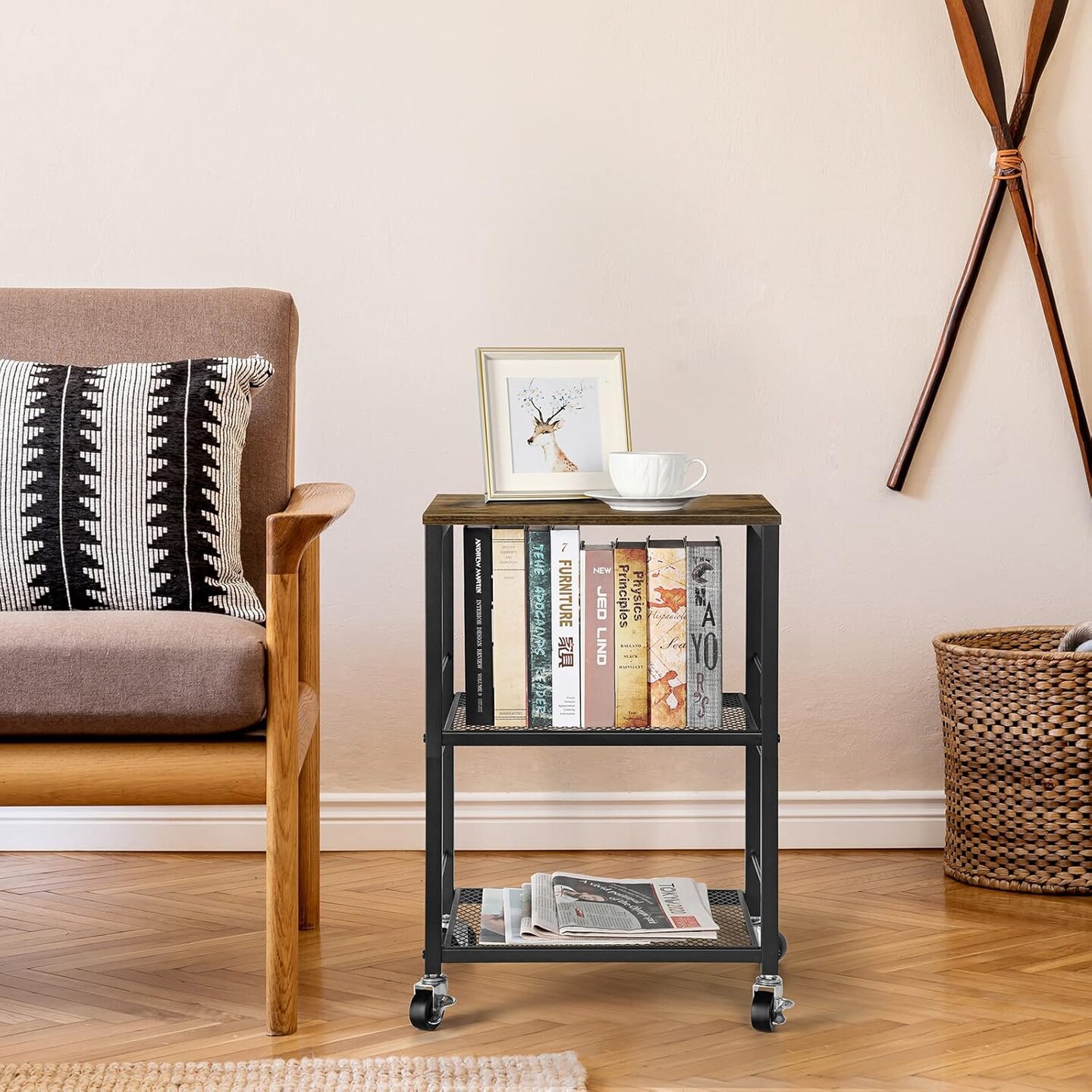 Side Table Small with Wheels Industrial Night Stand Storage Shelf 3 Tier Wood End Table with Metal Frame for Small Space Living Room Bedroom Kitchen Office