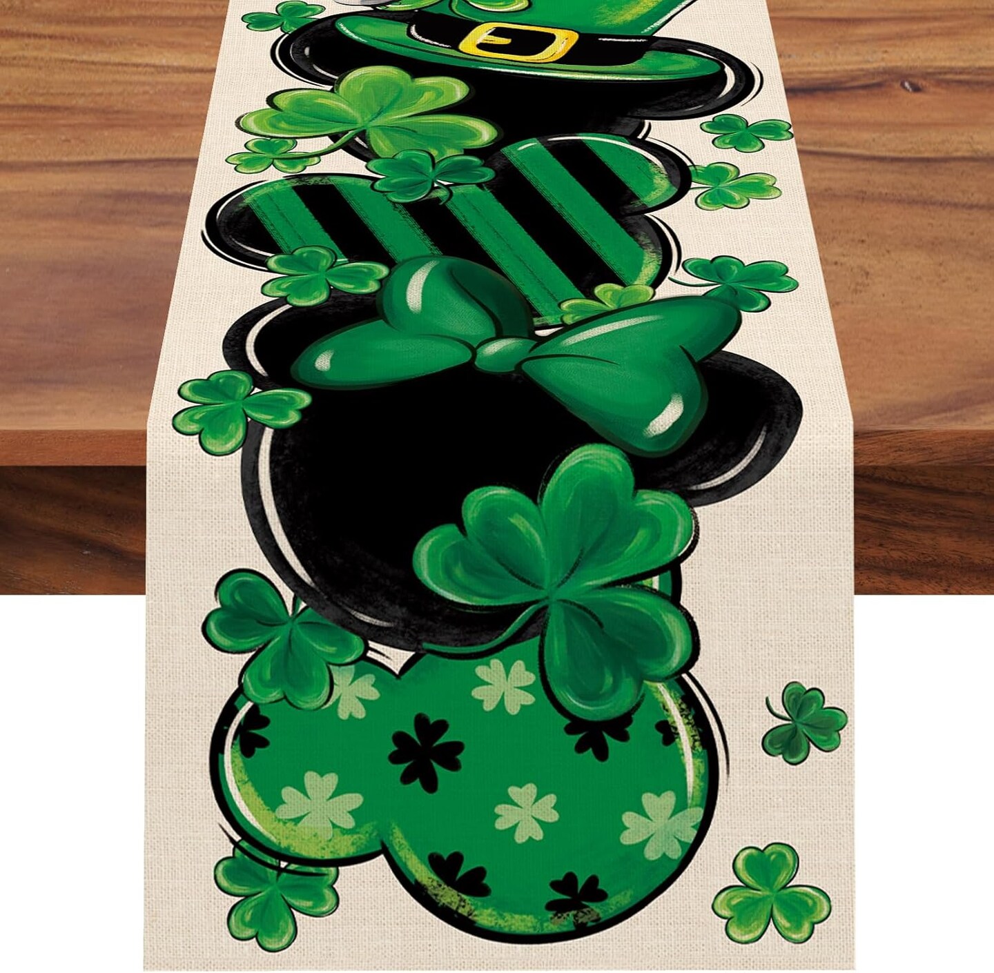 St. Patrick's Day Table Runner, Shamrock Clover Top Hat Stripes Ladybug Kitchen Dining Table Decor, Irish Spring Home Decoration Indoor Outdoor Party Supply 13 x 72 Inches