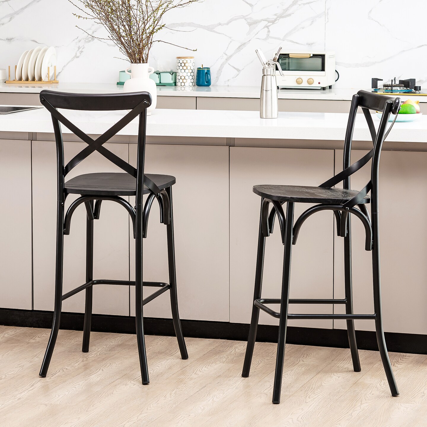Industrial Rustic High Bar Stools With Solid Elm Wood Seat and Back Support &#x26; Bar Table With Adjustable Round