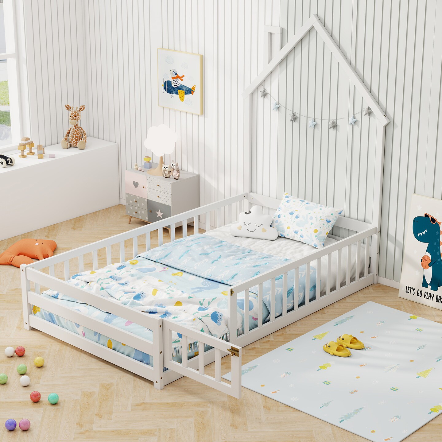 Wooden Twin Size Montessori Floor Bed with Lockable Door Guardrails and House Shape Design