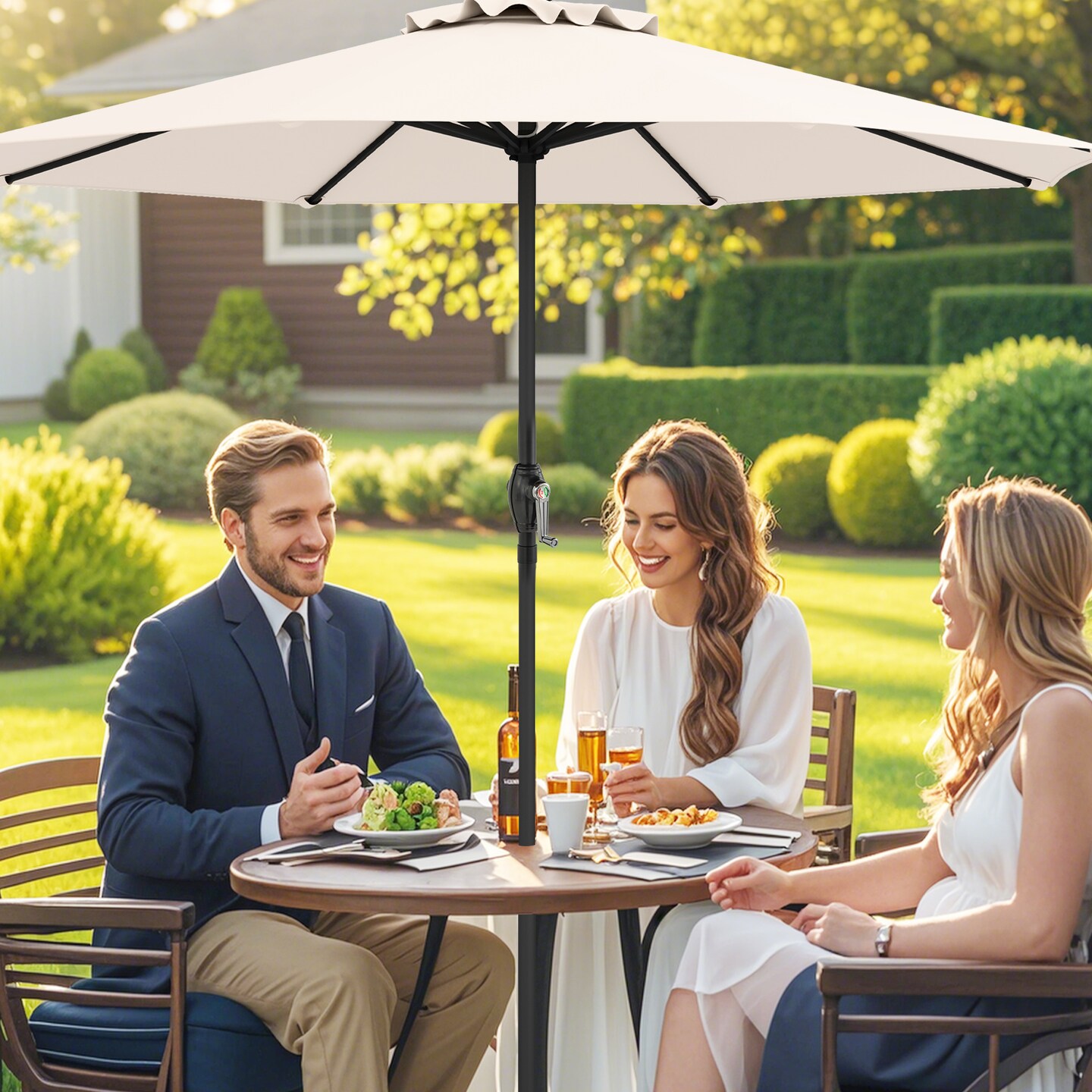 Fabric Outdoor Heavy Duty Market Umbrella with Crank Handle, 8 Sturdy Ribs, UV Protection