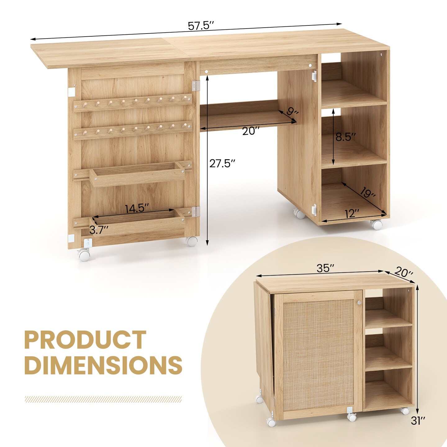 Natural Multipurpose Folding Sewing Table Craft Station with Rattan Door
