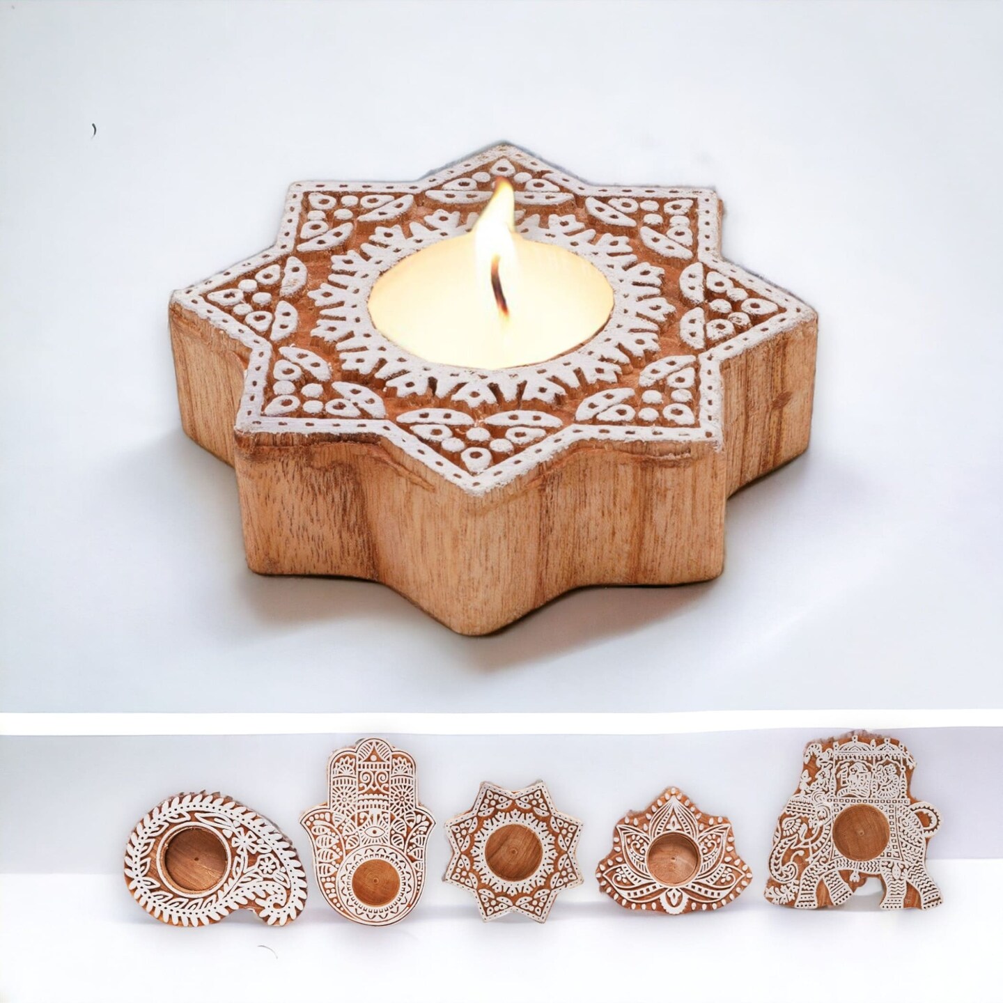 Wooden Block Print Tea Light Candle Holders for Diwali Handmade Tlight for Deepawali Decoration Items Designer Diya Deepam for Goddess Worship Housewarming Gifts (hamsa/paisley/star/lotus)