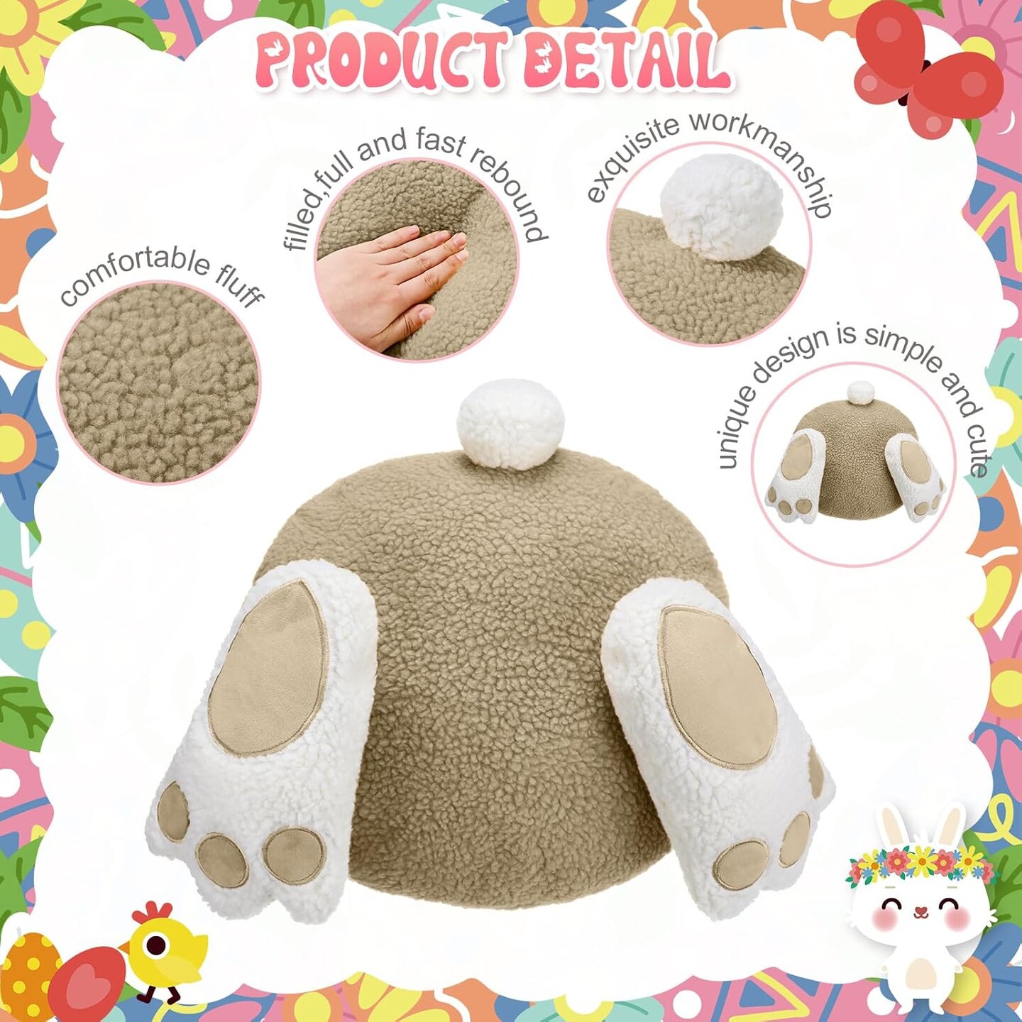 2 Pcs Happy Easter Pillow Rabbit Butt Shaped Throw Pillow Wool Bunny Decorative Pillow Cute Pillow for Couch Sofa Bed Decoration