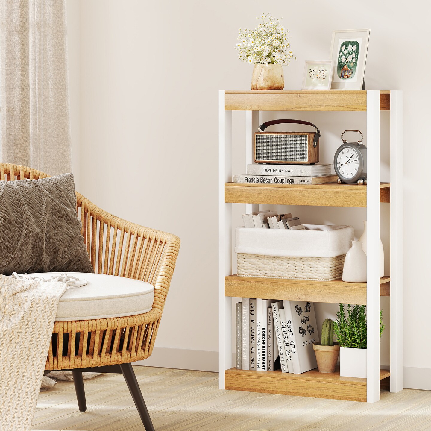 4 Tier Bookshelf Wooden Bookcase with Dual Anti-Tipping Kits Perfect for Living Rooms, Bedrooms Or Studies