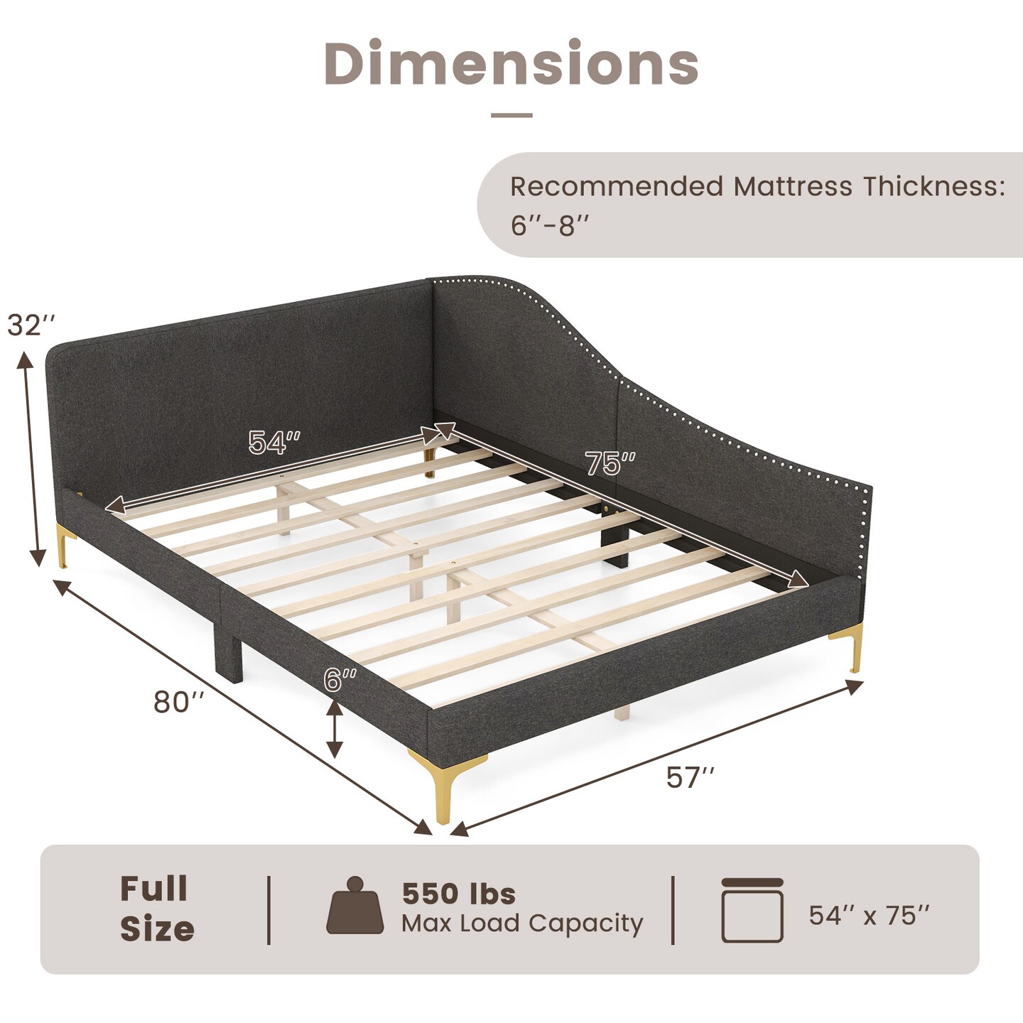 Full/Twin Size Rivet-Tufted Platform Bed with Metal Legs and Wood Slats-Full Size
