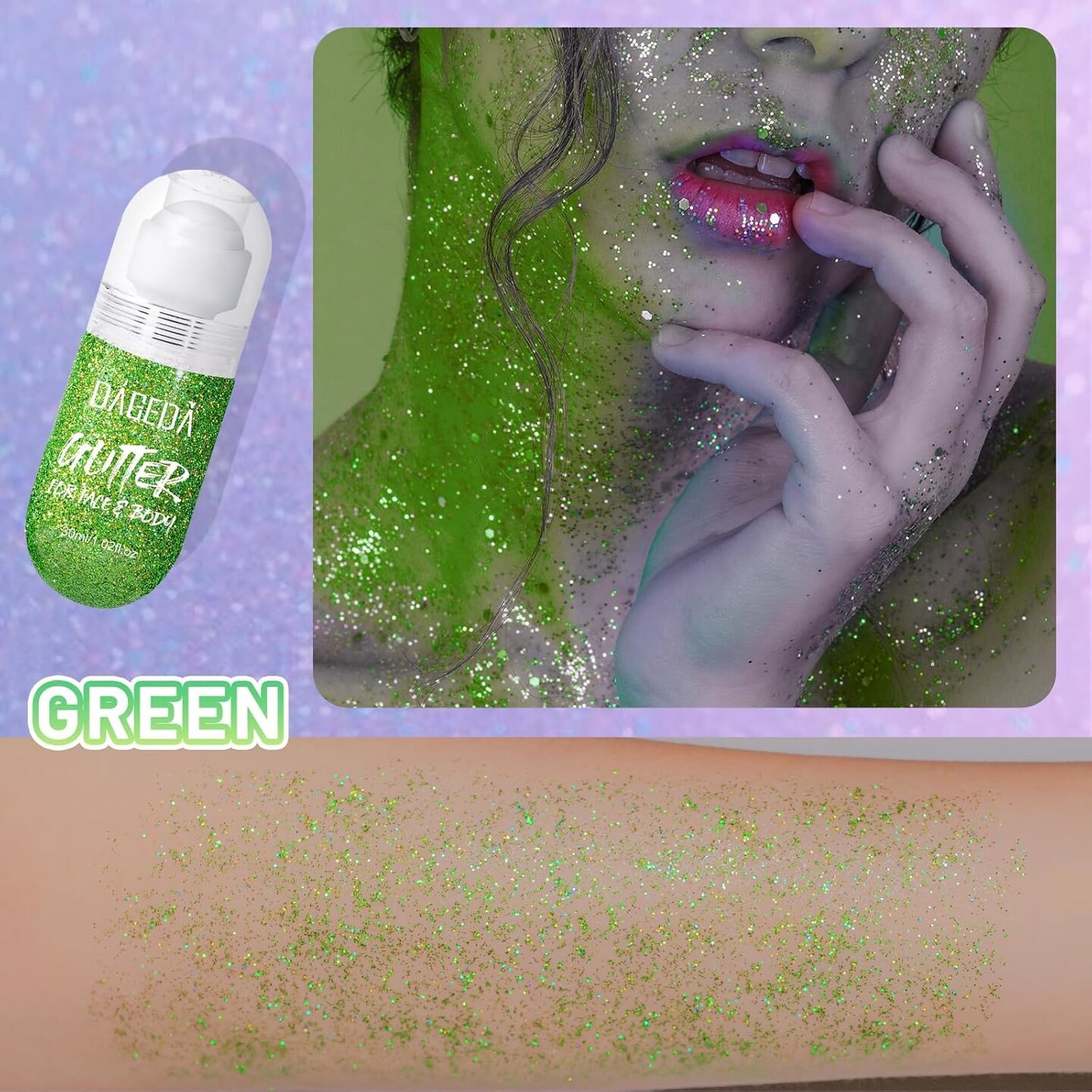 Green Body Glitter Gel, Roll-on Face Glitter for St Patricks Day Festival Rave Accessories, Holographic Hair Glitter Gel,Body Shimmer Mardi Gras Makeup for Rave Party