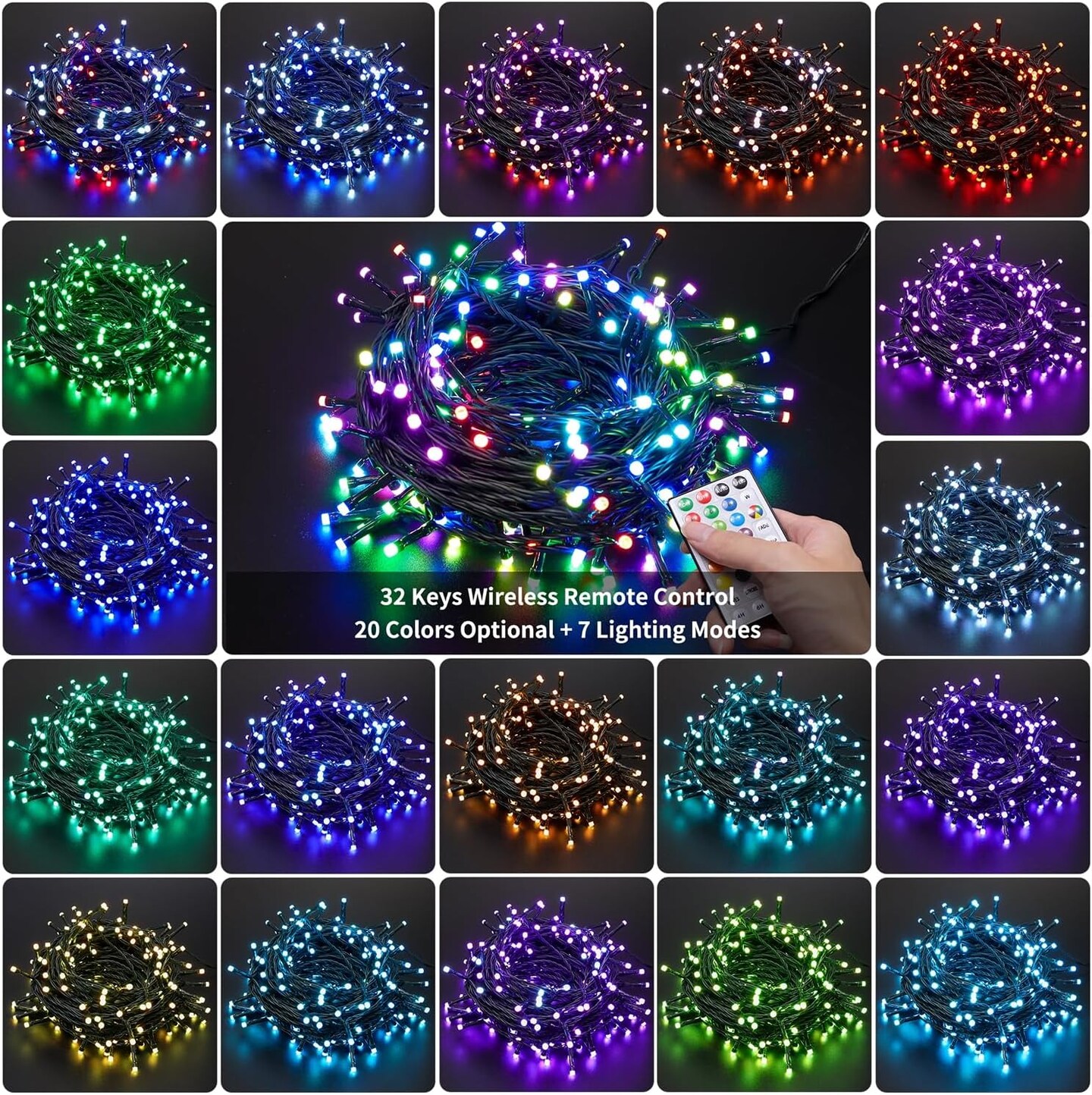 66ft Christmas Decorative Mini Lights, 200 LED RGB Changing 7 Functional Green Wire Fairy Halloween Lights with Remote Timer, Plug in Indoor Outdoor Xmas Wedding Party Decor