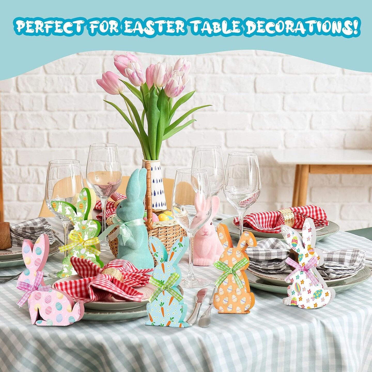 6 Pcs Easter Bunny Wooden Signs Bunny Decor Easter Tabletop Decor Rabbit Shape Table Sign
