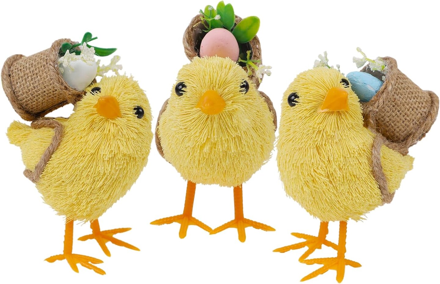Set of 3 Easter Decorations 4.5" Straw Chick Figurines with Egg Baskets