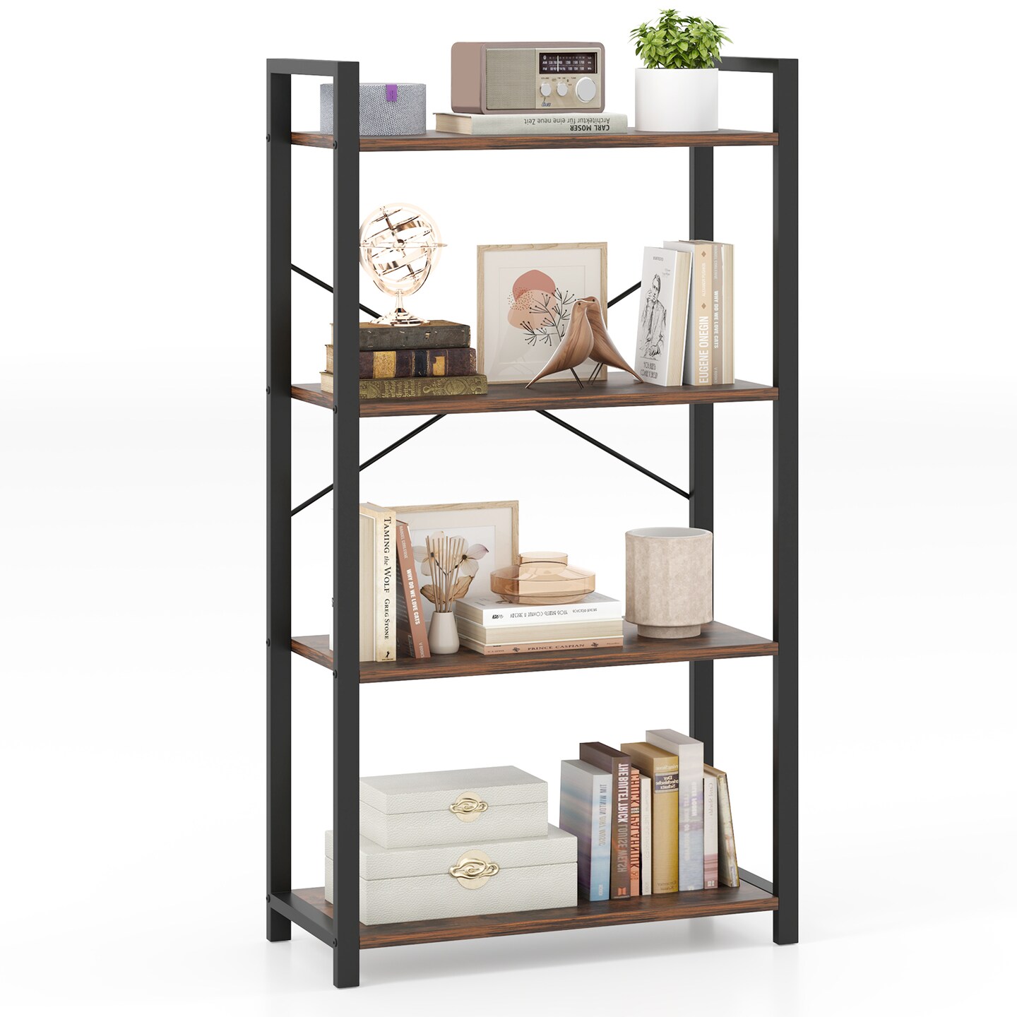 Rustic Brown 4-Tier Bookshelf with Heavy Duty Metal Frame Perfect for Any Room