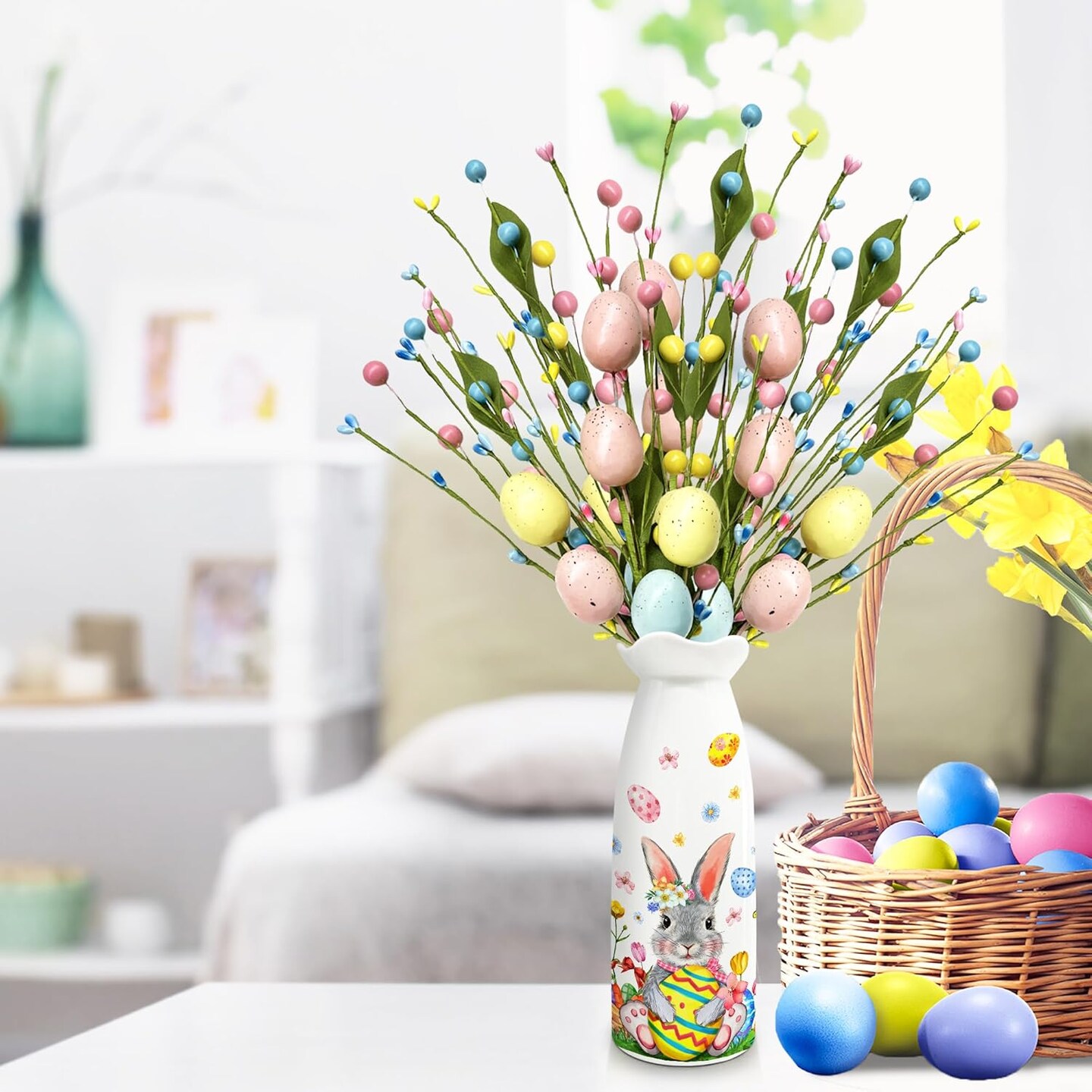 Easter Decor, Easter Artificial Flowers 3 PCS with Vase, Bunny Table Decorations