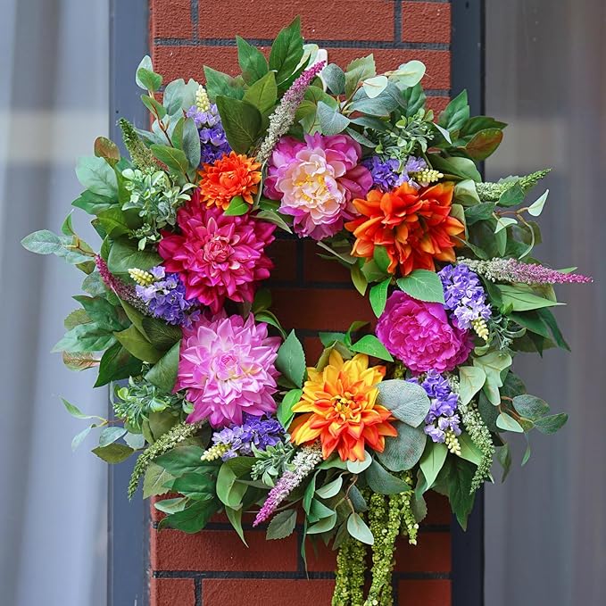 Spring Wreaths for Front Door Outside 24 Inch Spring Wreath&#x2013; Colorful,Lifelike Dahlia,Hyacinth Summer Flower Wreath Green Eucalyptus Door Wreath with Grapevine Base for Indoor Outdoor Use