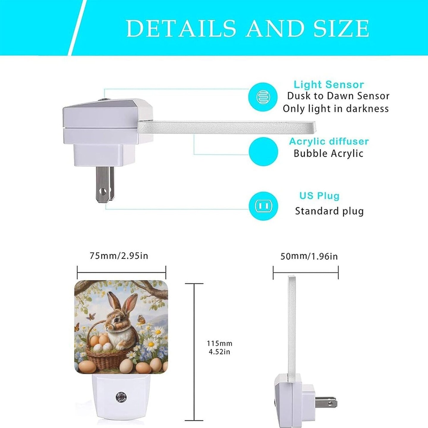 Easter Night Light Plug-in,Rabbit and Eggs Dusk to Dawn Smart Sensor Led Nightlight for Bedroom Bathroom Kitchen Hallway Stairs Energy Efficient Decor Desk Lamp