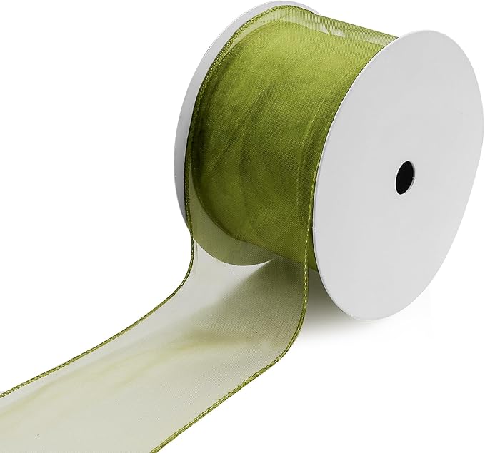 Moss Green Crinkled Sheer St. Patrick's Day Ribbon 2.5" x 25 Yards Wired Carnival Ribbon for Carnival Bow Making Decorations Gift Wrapping Floral Bouquets Holiday Carnival Party Supplies