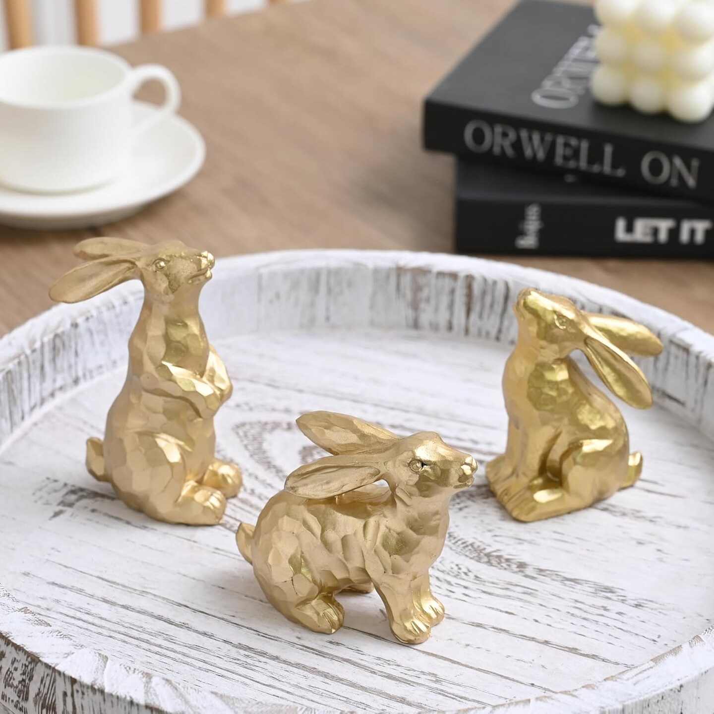 Resin Gold Bunny Decor Rabbit Figurines, Small Easter Bunny Figurine Set of 3