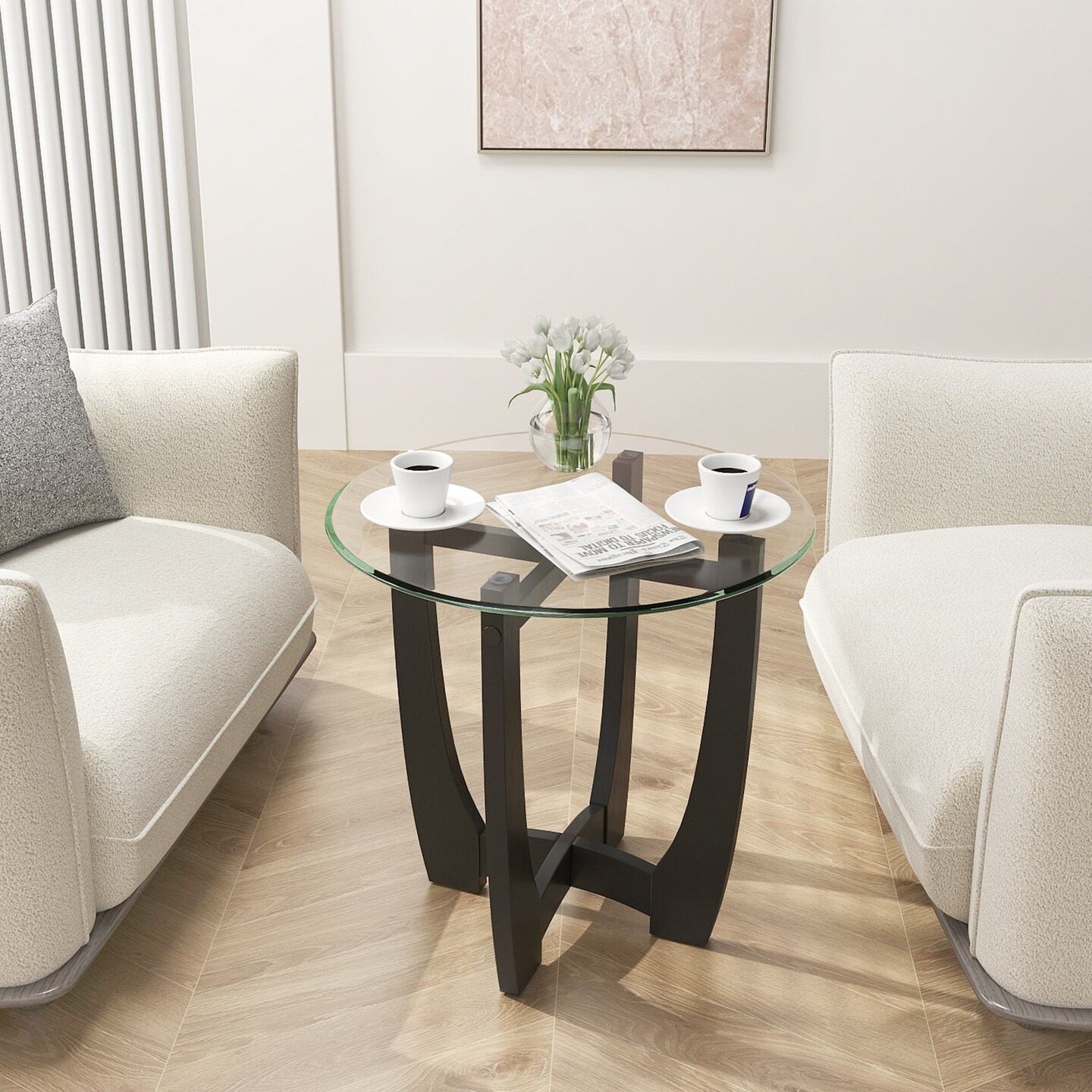 23.5 Inch Round End Side Table with Tempered Glass Tabletop for Living Room-Black