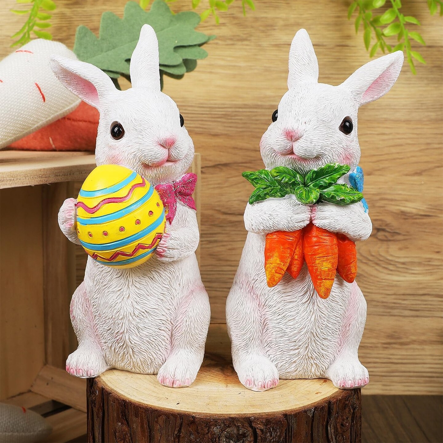 2 Pack Easter Bunny Figurine Decor, Standing Spring Resin White Rabbit Couple Statue Tabletop Ornament, Festival Present for Garden Home Table Office Dining Room Mantle Party Supplies