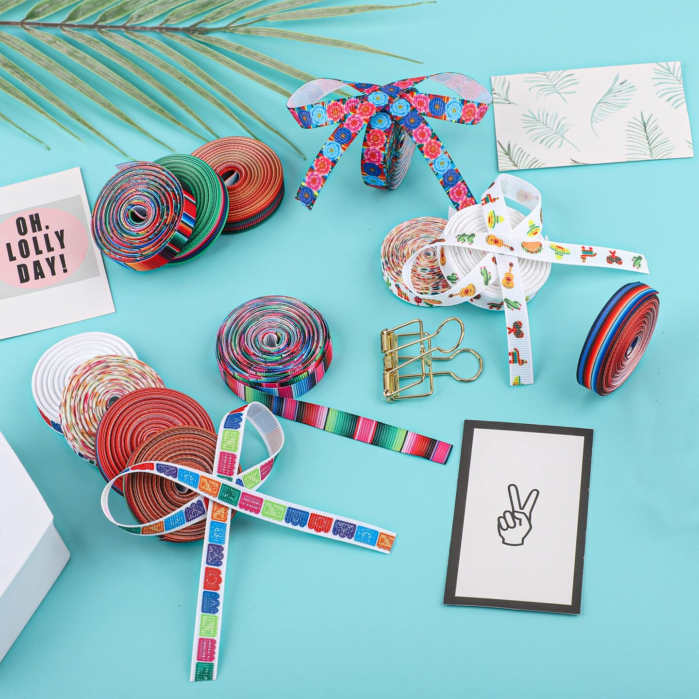 12 Rolls Fiesta Ribbon 3/8 Inch Mexican Serape Grosgrain Ribbons Colorful Stripes Pinata Cactus Guitar Decorative Ribbon for Cinco De Mayo Fiesta Party Mexican Theme Party Events, 60 Yards