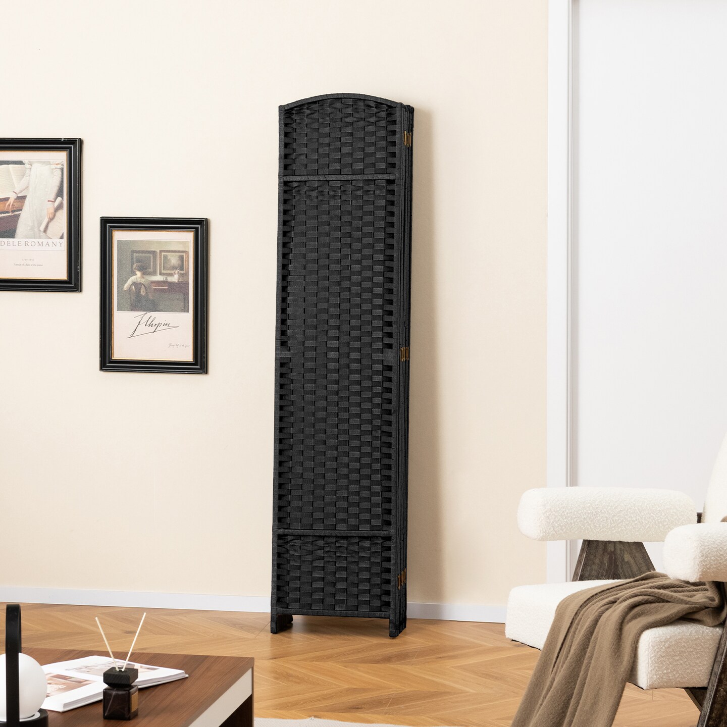8-Panel Folding Room Divider with Hand-woven Texture and Wood Frame