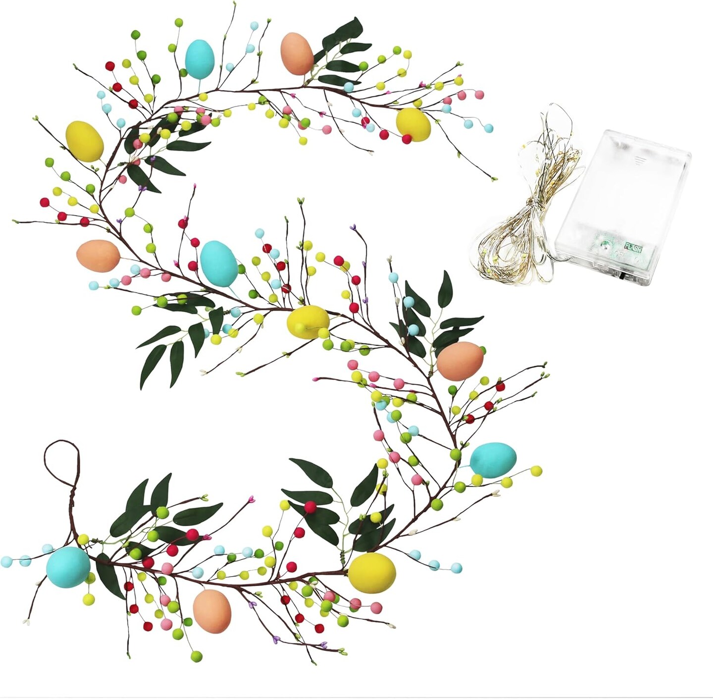 6FT Artificial Easter Egg Garland with Mixed Berry Garland with Lights Easter Decoration for Mantle Table Party