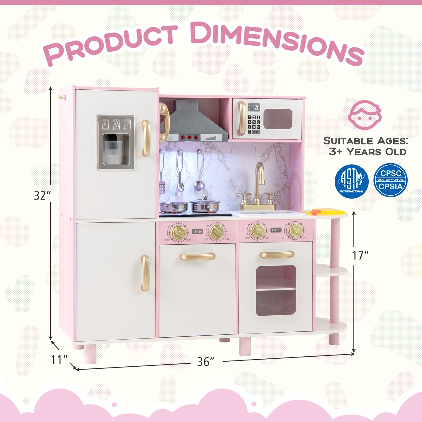 Wooden Kitchen Playset with Ice Maker, Sounds, and Accessories for Ages 3+