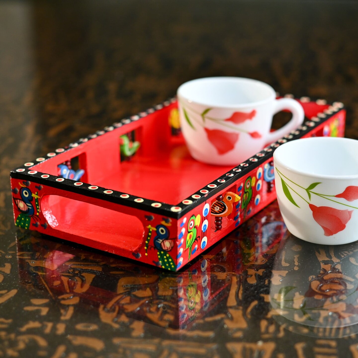Wooden Serving Tray Hand Painted Tray Indian Decorative Platters for Snack Tea Kitchen Home Restaurant Dinning Table Decor - Breakfast Tray with Handles Great Gift Idea