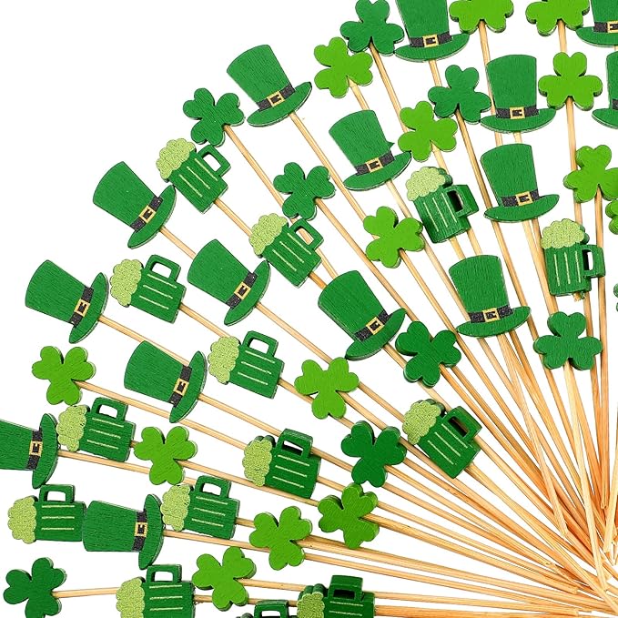 200 Pcs St Patrick's Day Shamrock Cocktail Sticks Irish Green Beer Green Hat Clover Cupcake Toppers Disposable Bamboo Party Picks for Appetizers Cocktail Picks Shamrock Toothpicks for Birthday Party