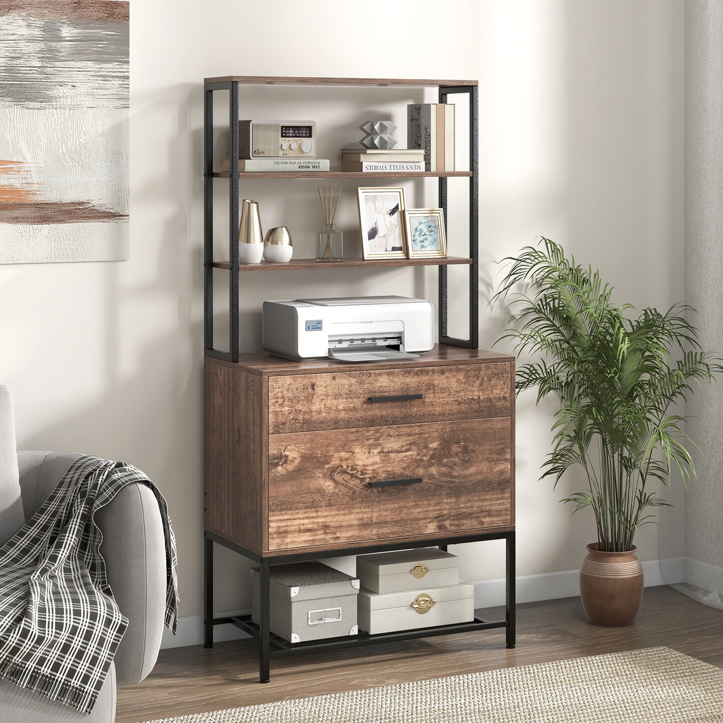 Rustic Brown Freestanding File Cabinet with Charging Station and 3-Tier Open Shelves