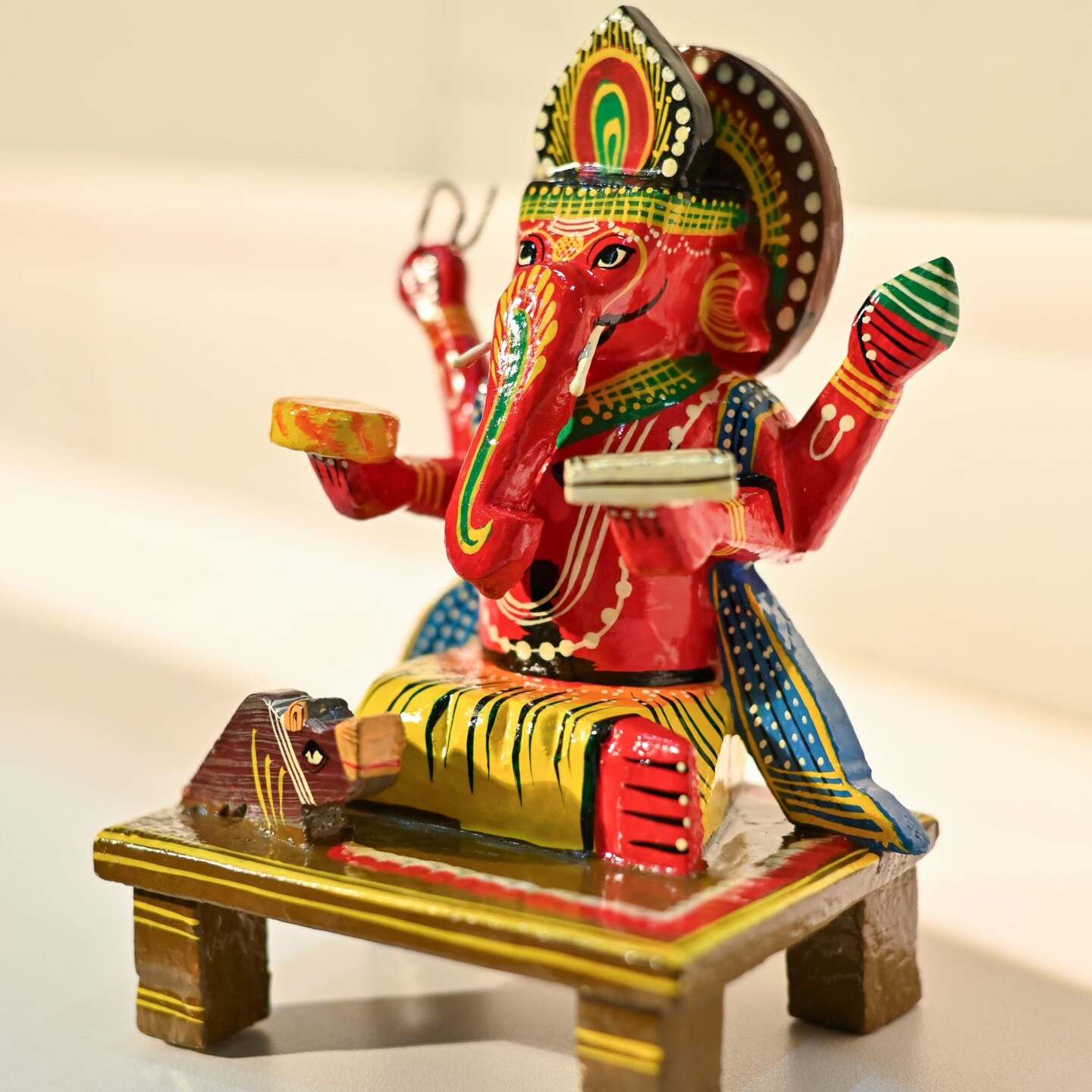 Wooden Ganesha Statue Kondapalli Hand Painted Lord Ganesh Sculpture Gajanana Ganpati Bappa Figurine for Pooja - Home Decor Hindu God Idol Murti Good Luck &#x26; Success (6.8 Inch)