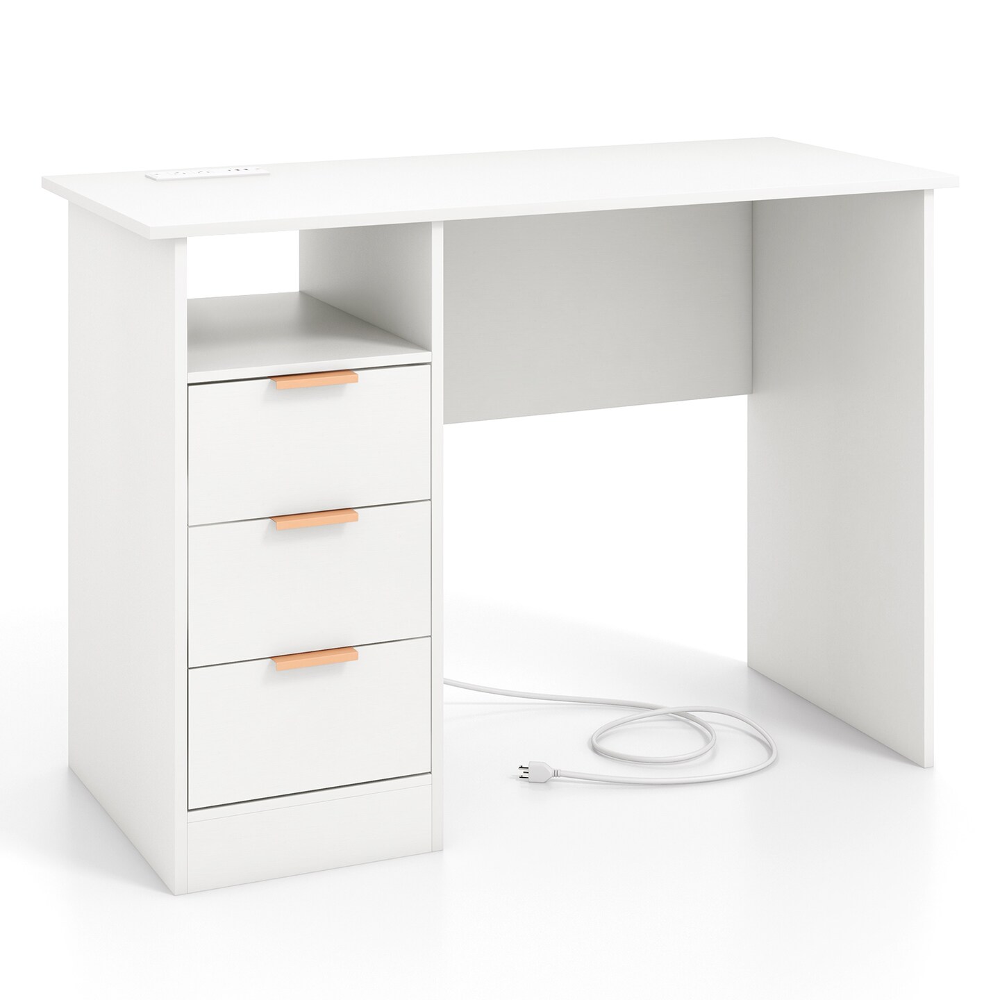 White Home Office Desk with Power Outlet 3 Storage Drawers and Open Compartment