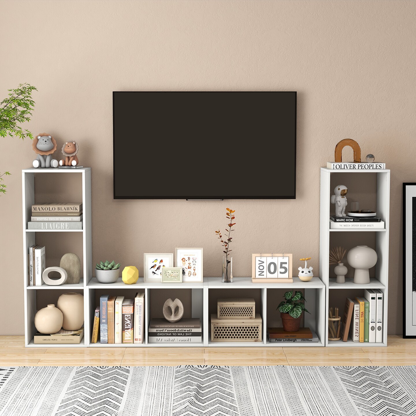 3 Cube White Bookshelf with Back Guardrail and Non-Slip Foot Pads for Living Room Bedroom