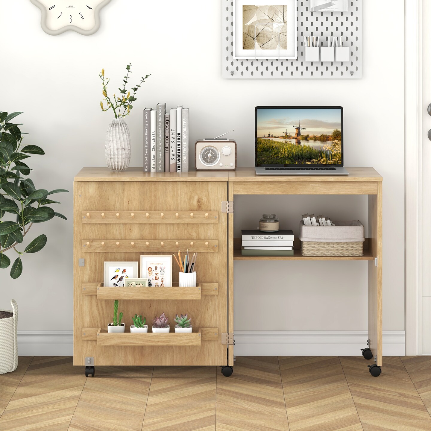 Space-Saving Folding Sewing Table Rolling Craft Station with Storage Pegs and Compartments