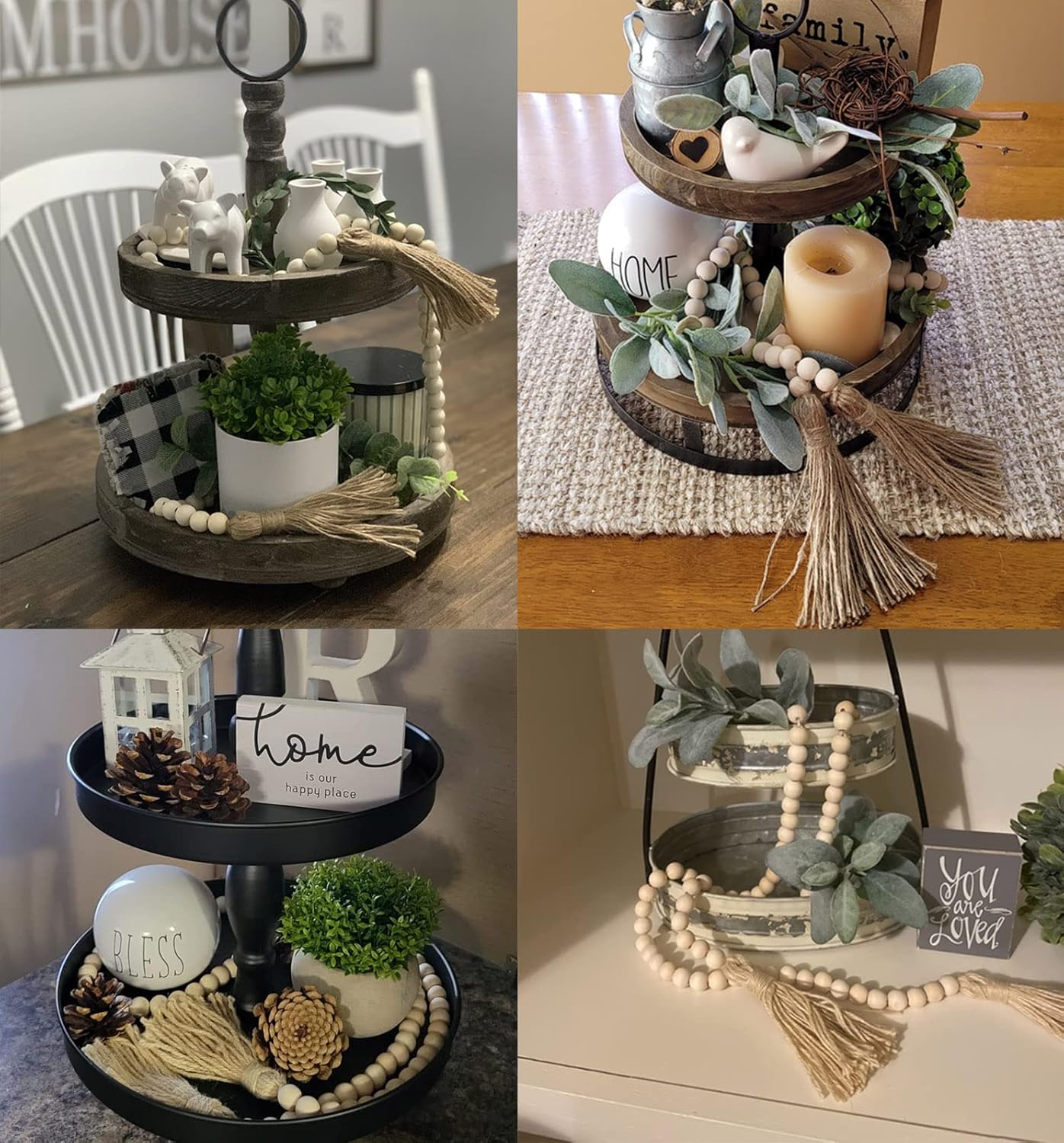 58 Inches Wood Bead Garland,Wooden Beads with Tassel,Farmhouse Beads Rustic Prayer Beads Boho Beads for Farmhouse Tiered Tray Coffee Table Mantel Decor (2 Pack)