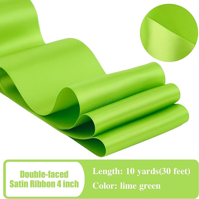 Lime Green Ribbon 4 inch Wide Double-Faced Satin Ribbon for Chair Sashes, Christmas Tree, Large Bows Making, Gift Wrapping, Flower Bouquet, DIY Crafts, Halloween Decor-10 Yards/Roll