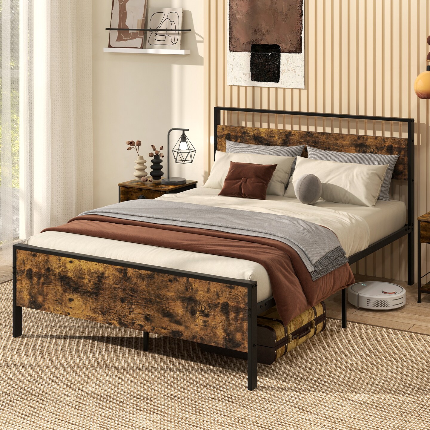 Metal Bed Frame Industrial Platform Bed with Wooden Headboard