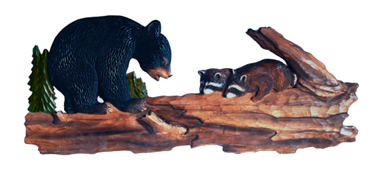 Bear and Raccoon in Tree Hand Crafted Intarsia Wood Art Wall Hanging 11 X 34 X 3