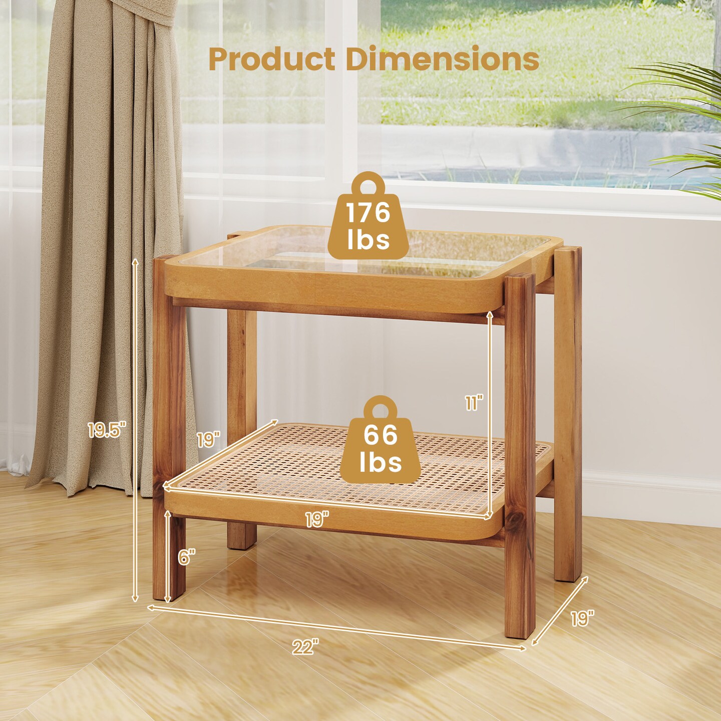 Rattan 2-Tier End Side Table with Tempered Glass Top Acacia Wood Legs-Natural