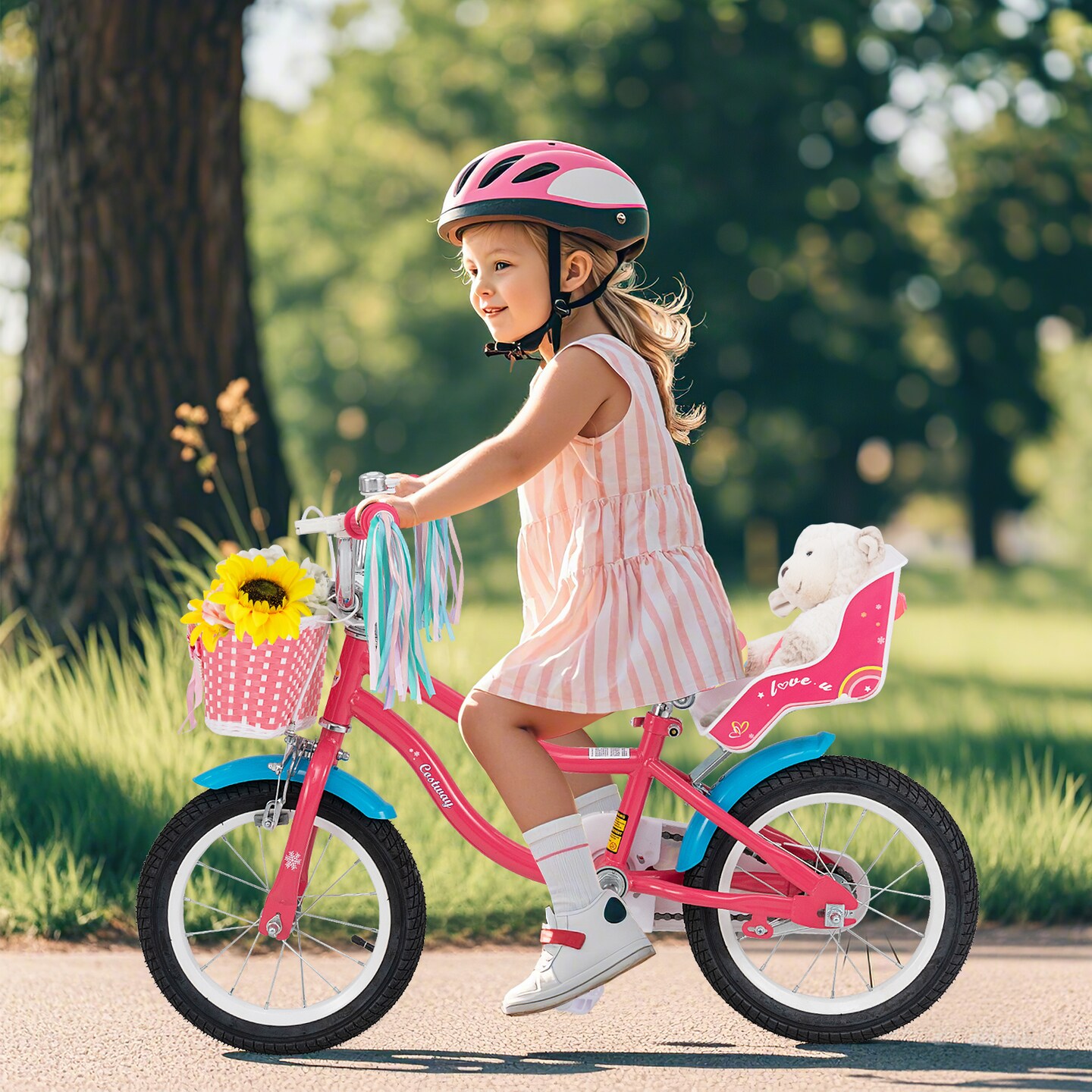 14 Inch Girls Bike with Doll Seat, Training Wheels for 3-5 Years Old Kids, Pink Steel Frame