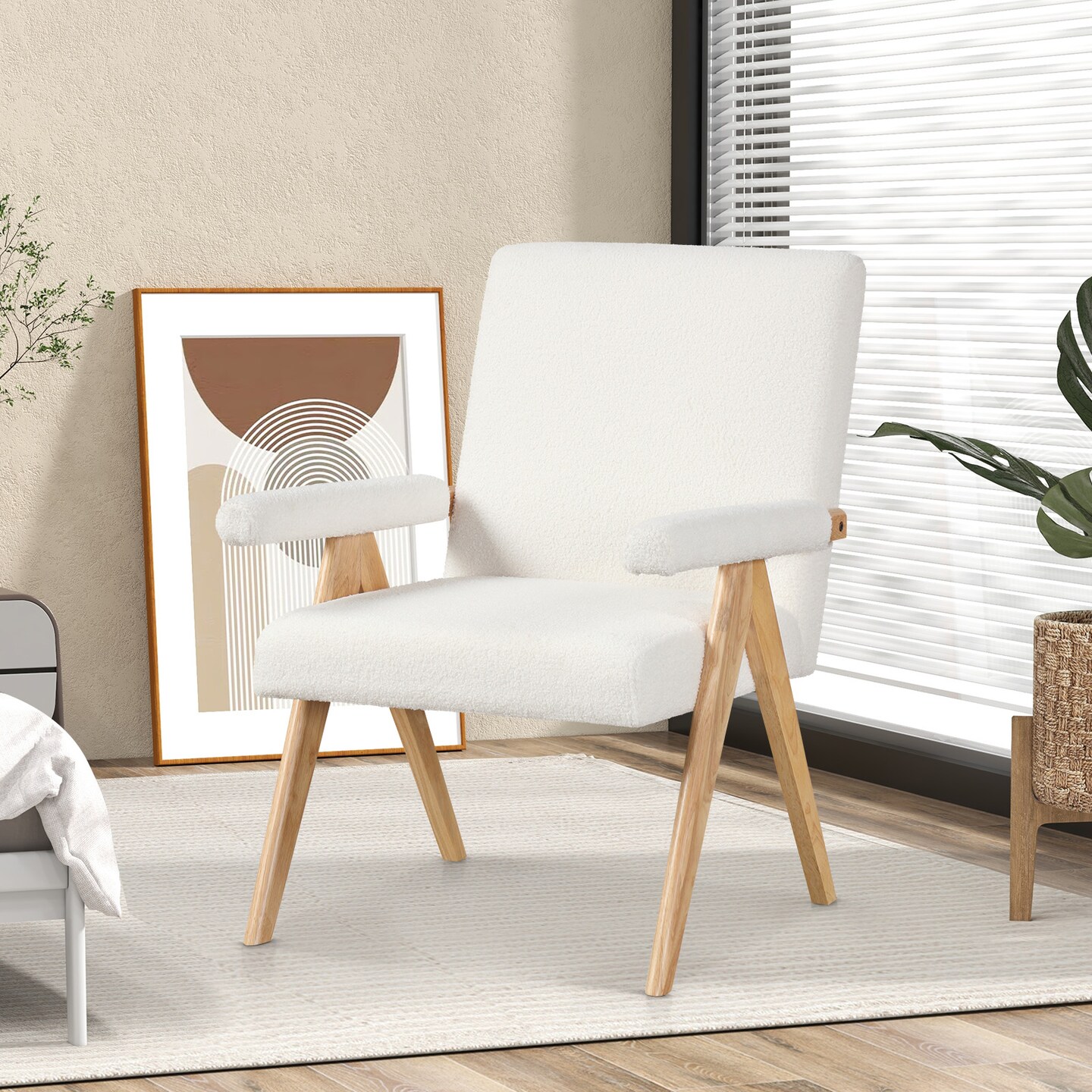 Beige Sherpa Fabric Accent Chair with Wood Arms and Backrest Comfy Lounge Chair for Modern Homes