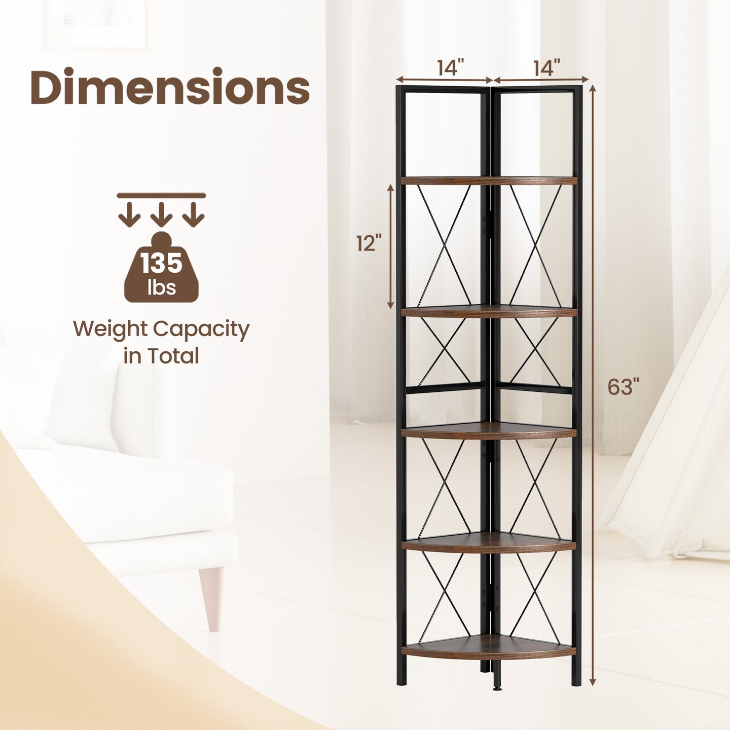 63 Inch Tall 5-Tier Freestanding Corner Storage Shelf with Heavy-Duty Metal Frame