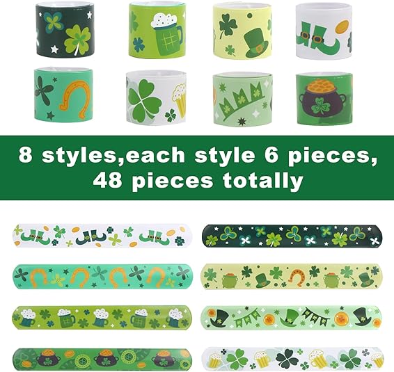 48pcs St. Patrick&#x27;s Day Slap Bracelets, Lucky Shamrock Kids Snap Wristbands Toys for Irish St. Patty Party Supply