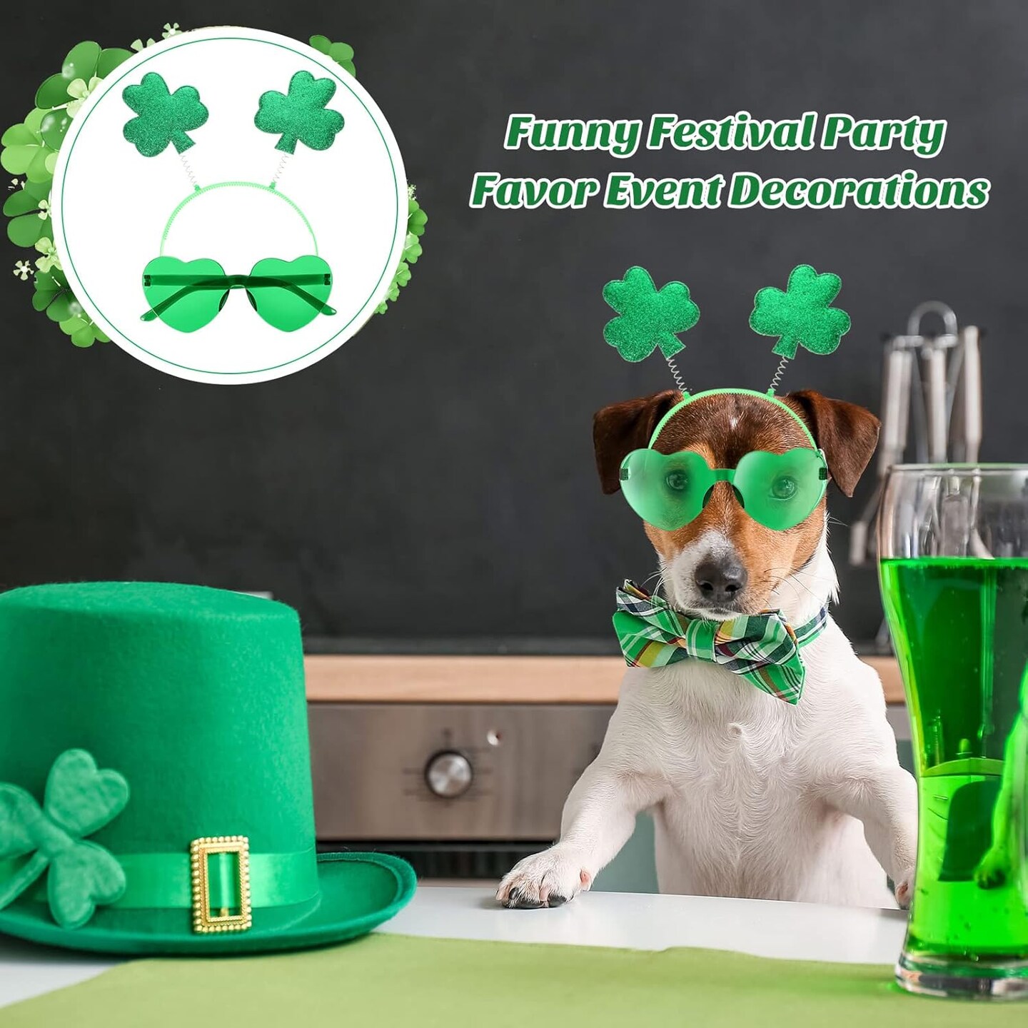 24 Pcs St. Patrick&#x27;s Day Shamrock Headbands Glasses Set, Green St Patricks Day Costume Accessories 12 Pcs Boppers Headwear and 12 Pairs Transparent Rimless Love Eyewear for Irish Party Supplies