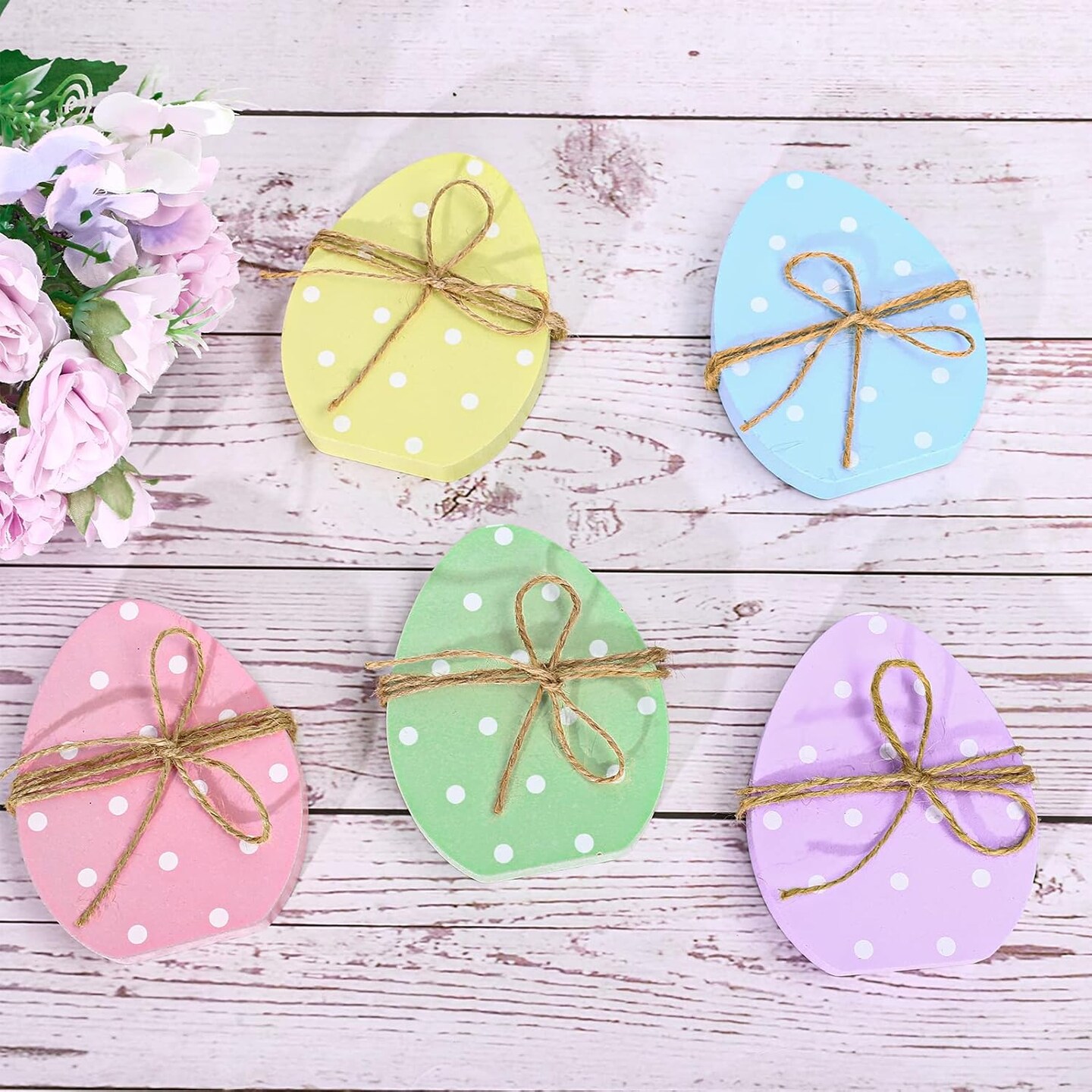 5Pcs Easter Egg Wooden Table Decor Polka Dots Egg Table Centerpieces Cute Spring Easter Standing Egg Wood Signs Easter Tiered Tray Tabletop Decoration with Rope for Home Party Decor