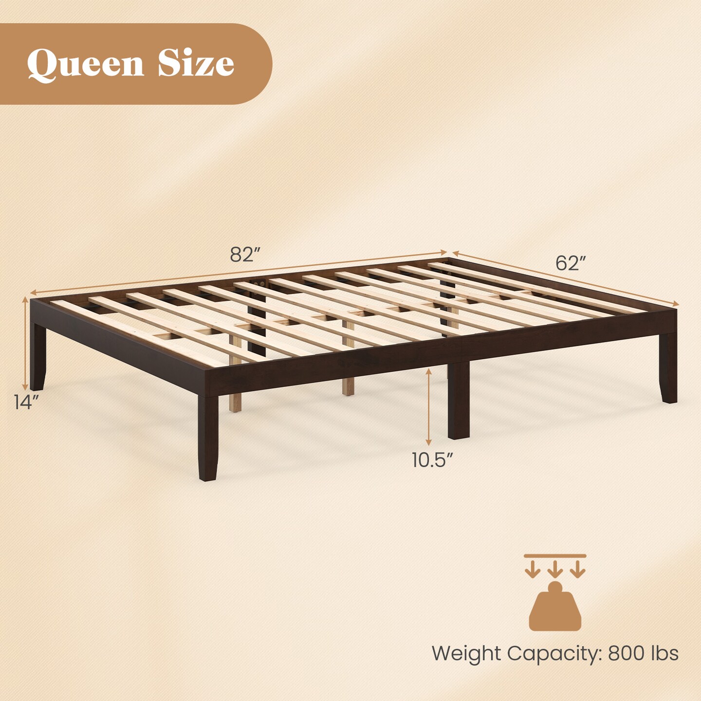 Queen Size Platform Bed Frame with Slats Support and Rubber Wood Legs