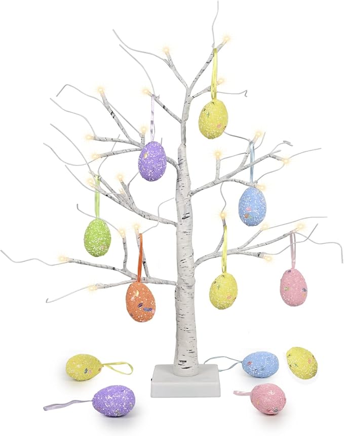 Easter Decorations 24 Inch Pre-lit White Birch Tree with 10 Hanging Easter Egg Ornaments, 24 Led Lights Battery Operated Easter Table Centerpiece for Party Birthday Home Spring Decoration